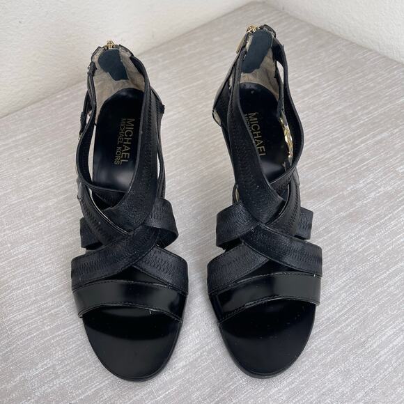 Michael Kors Black Patent Elastic Strap Heels 6.5M MK Logo Cone Heel Sandals - Picture 1 of 9